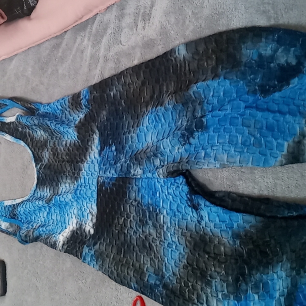 Jumpsuit with straps size large blue, black and white